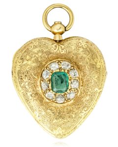 A Gold Emerald & Diamond Heart Shape Pendant Watch C1840